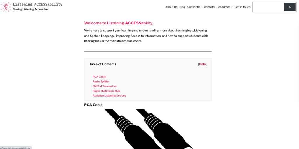 A screeshot of the Listening Accessability glossary page